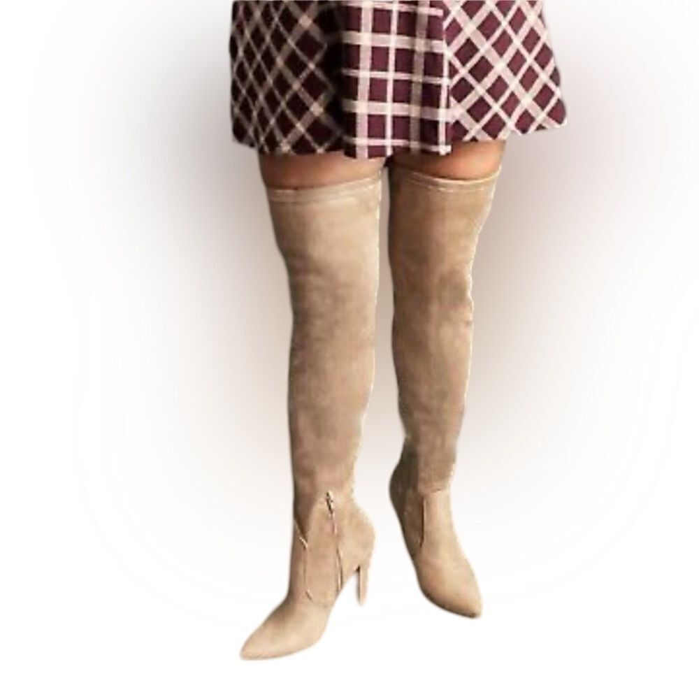 Express "TISSU" Ultra High Heel Boots Tan Over The Knee Women's Stretch Size 9